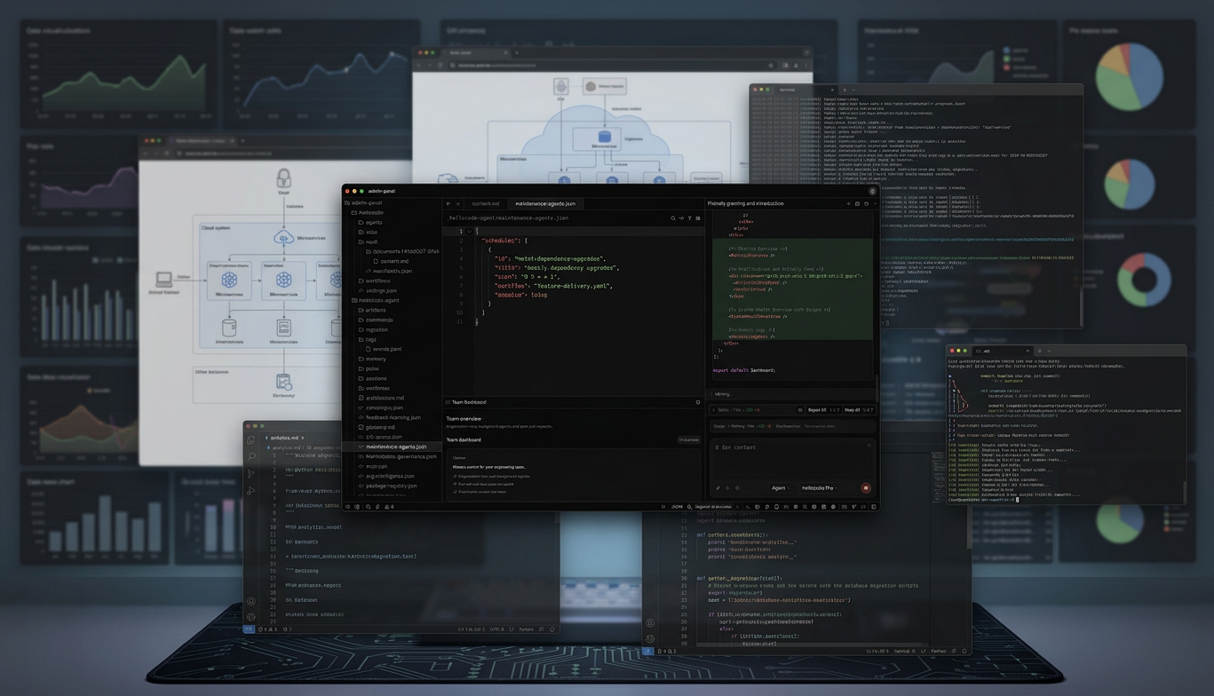 multiple dashboards, editors, and terminals open across a shared team workspace