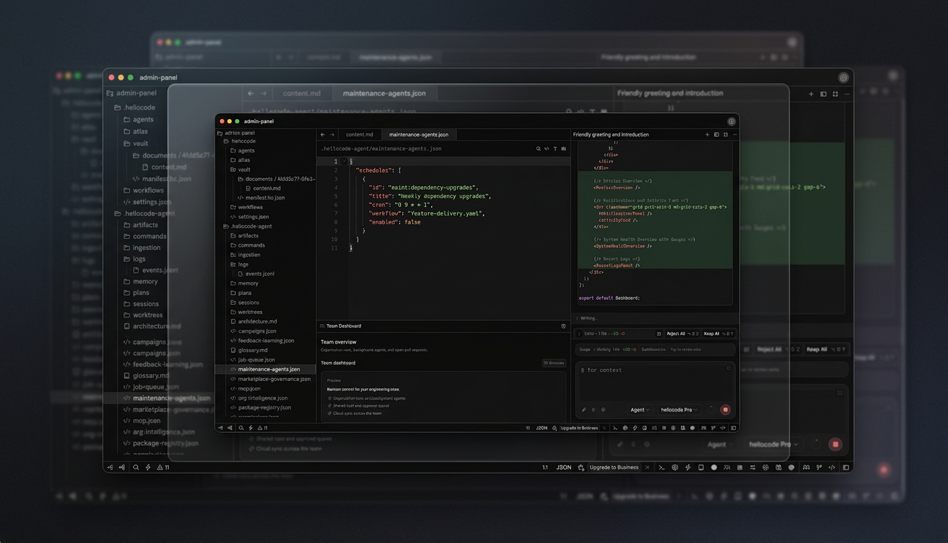 hellocode.ai workspace with stacked editor, vault, and agent panels